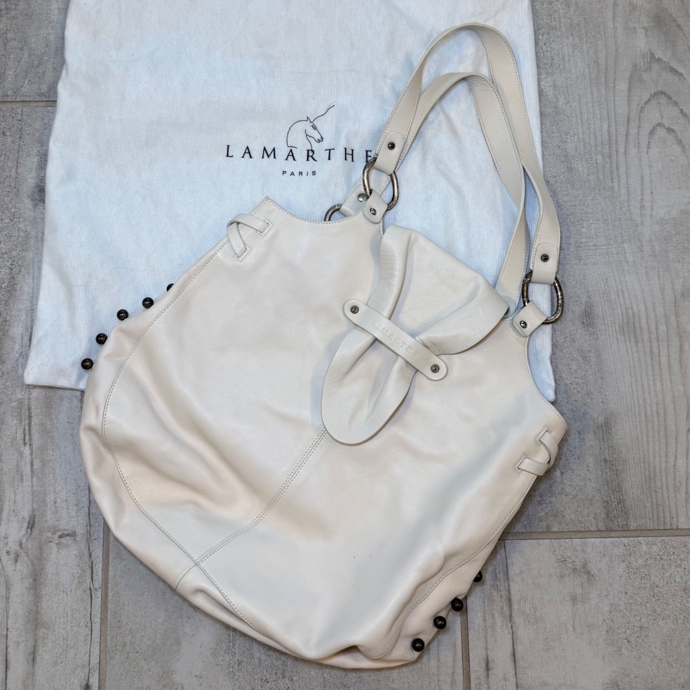 Lamarthe Paris White Leather Studded Hobo Shoulder Bag with‎ Dust Bag